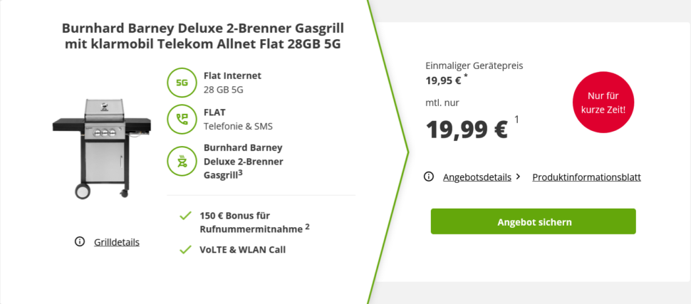 Burnhard Barney Deluxe 2 Brenner Gasgrill mit klarmobil Telekom Allnet Flat 28GB 5G